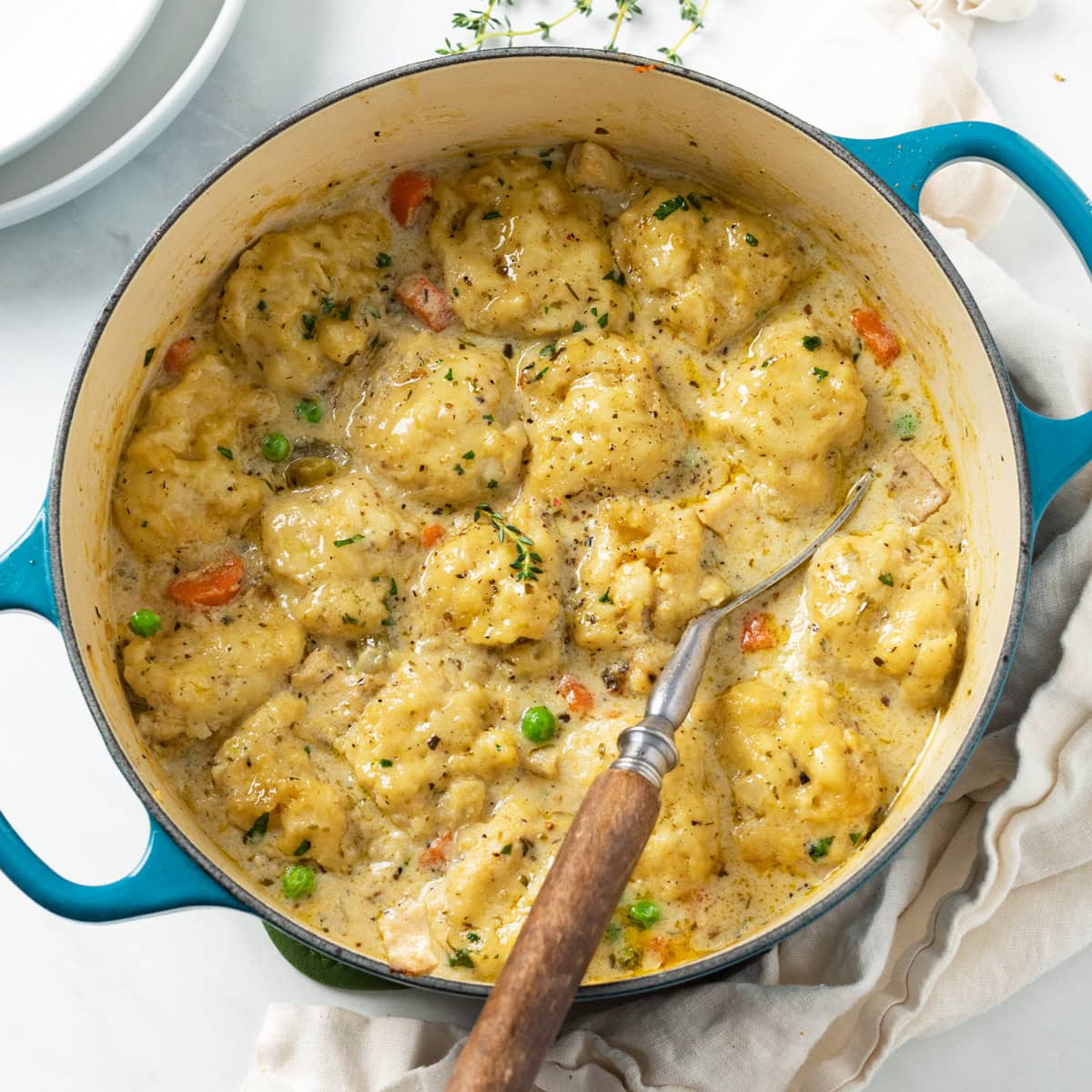 Steaming bowl of chicken and dumplings with fluffy dumplings in rich golden broth, Southern winter comfort food