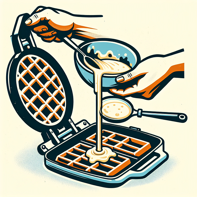 pouring batter into a waffle iron