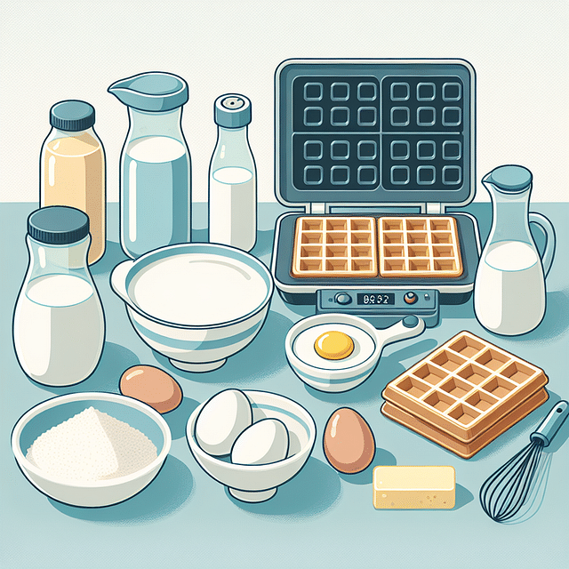 ingredients for making waffles laid out on a kitchen counter