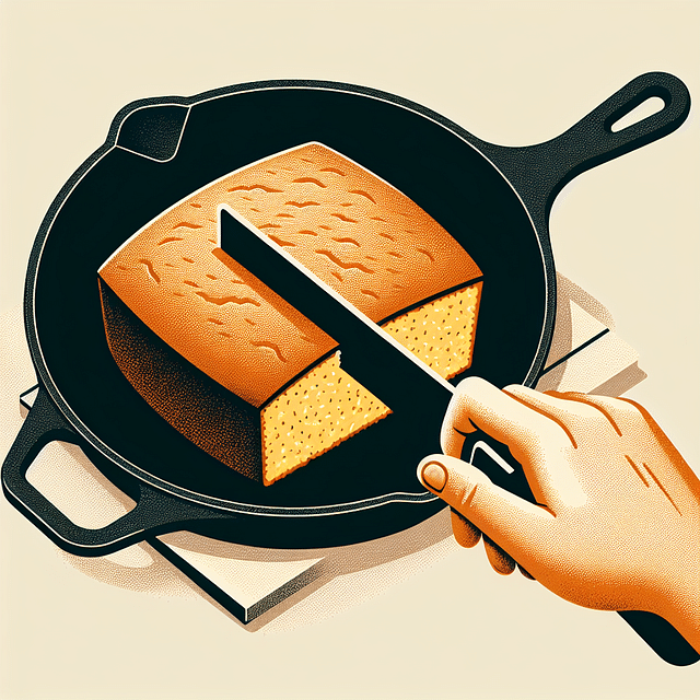 slicing warm cornbread in a cast-iron skillet