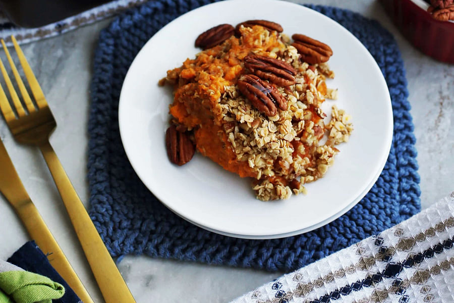 sweet potato casserole with pecan oat topping