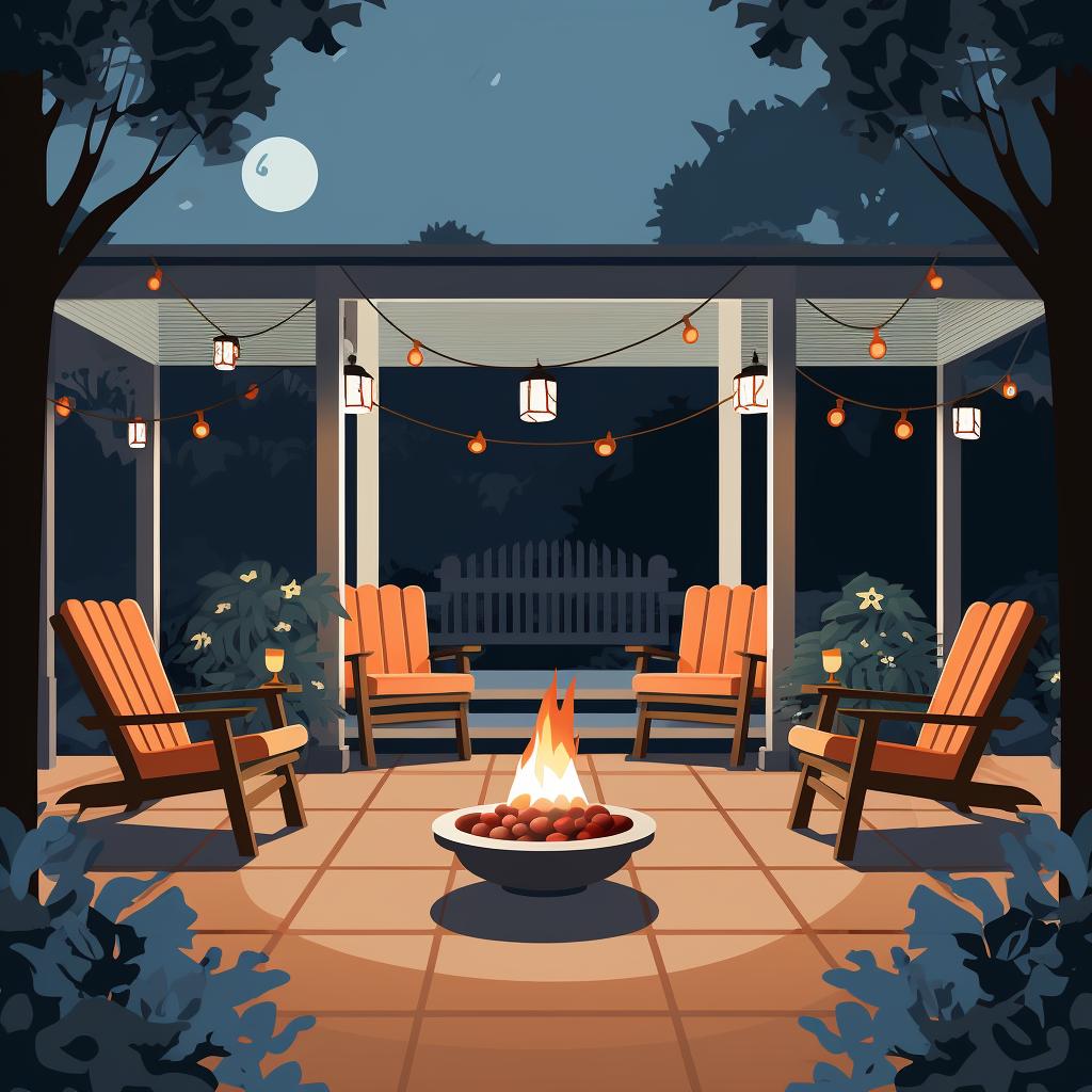 A Southern style patio lit up with lantern-style lights and a fire pit