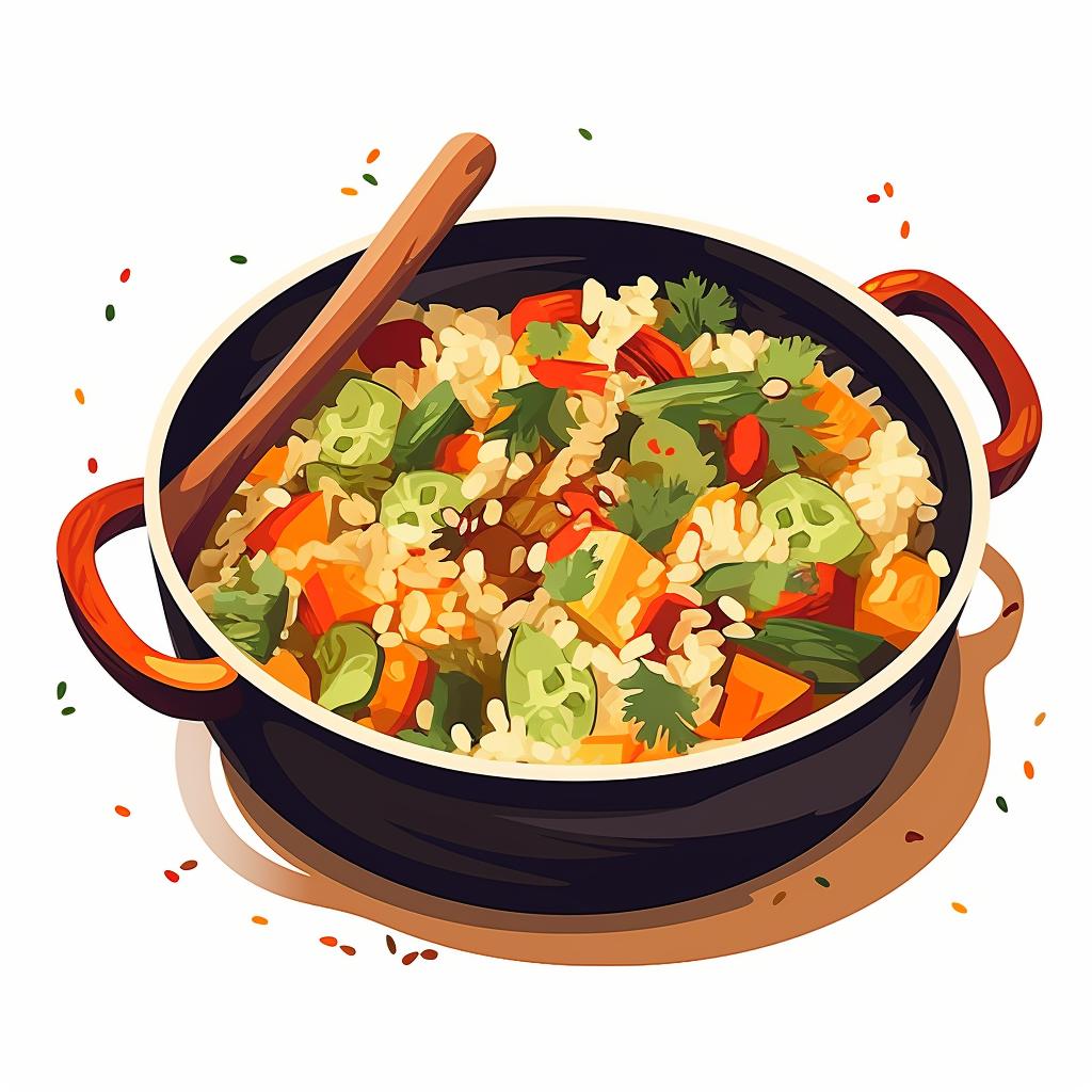 Rice and spices mixed with vegetables in a pot