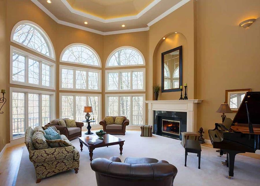Interior of Southern style home with high ceilings and large windows