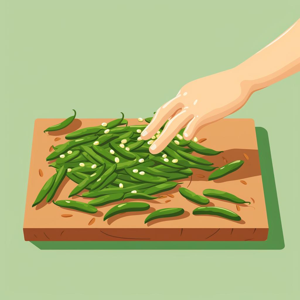 Hands cutting green beans on a chopping board