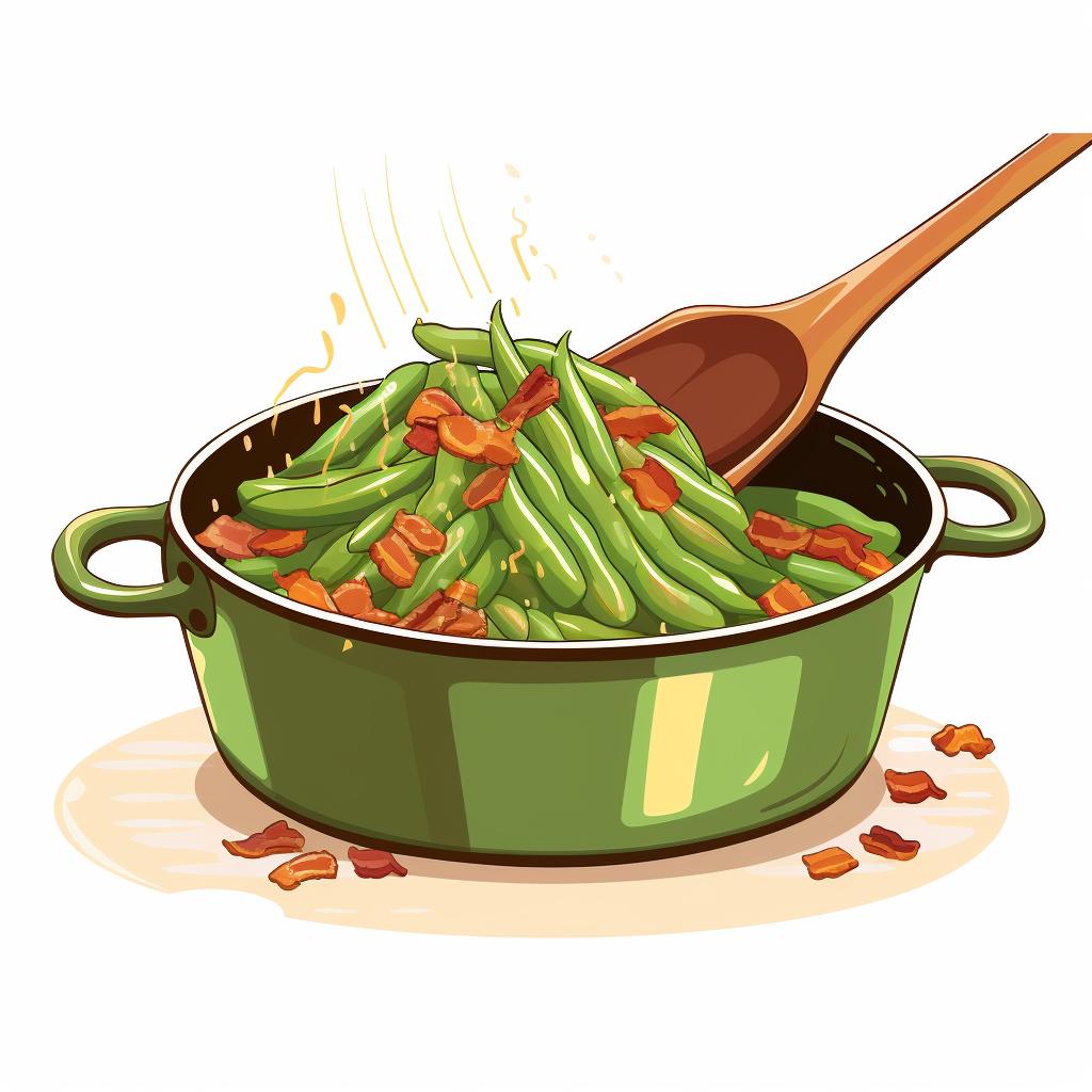 Green beans being stirred into the bacon in the pot