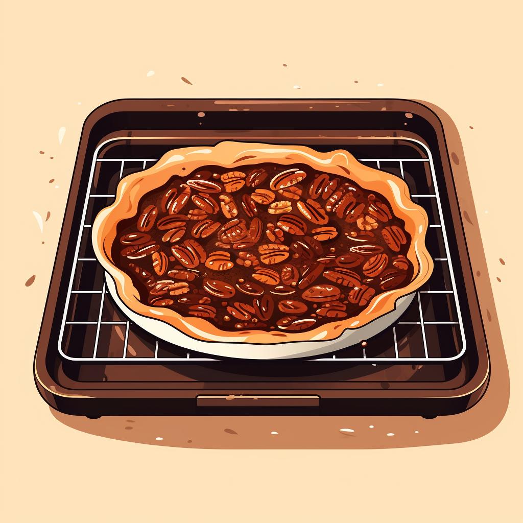 Pecan pie baking in the oven.
