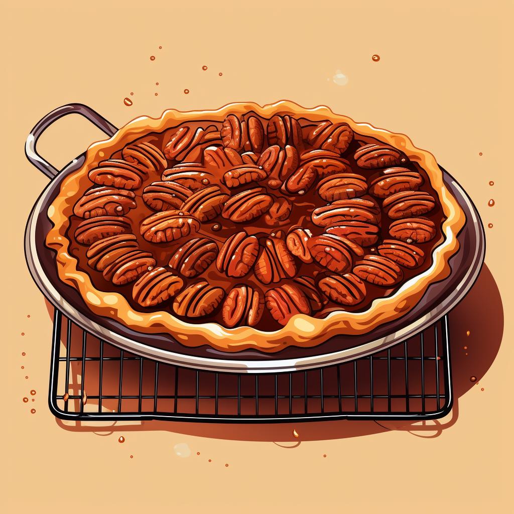 Pecan pie cooling on a wire rack.