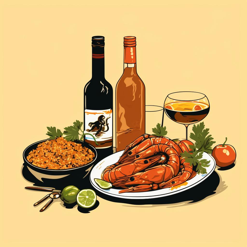 A variety of southern dishes with a bottle of sherry