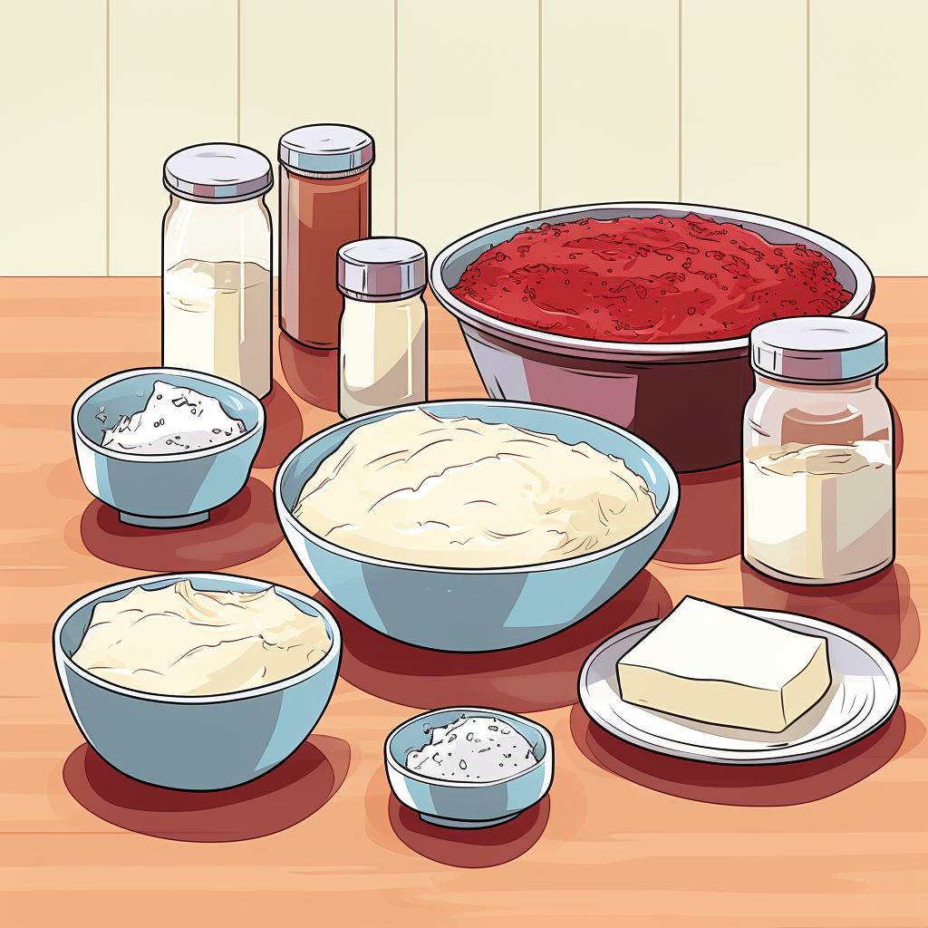 Ingredients for Red Velvet Cake and cream cheese frosting laid out on a kitchen counter