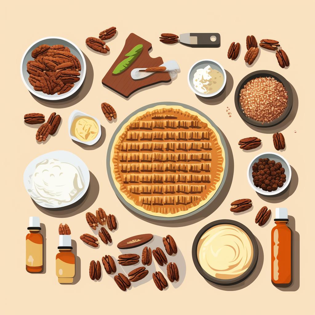 Ingredients for pecan pie neatly laid out on a kitchen counter.