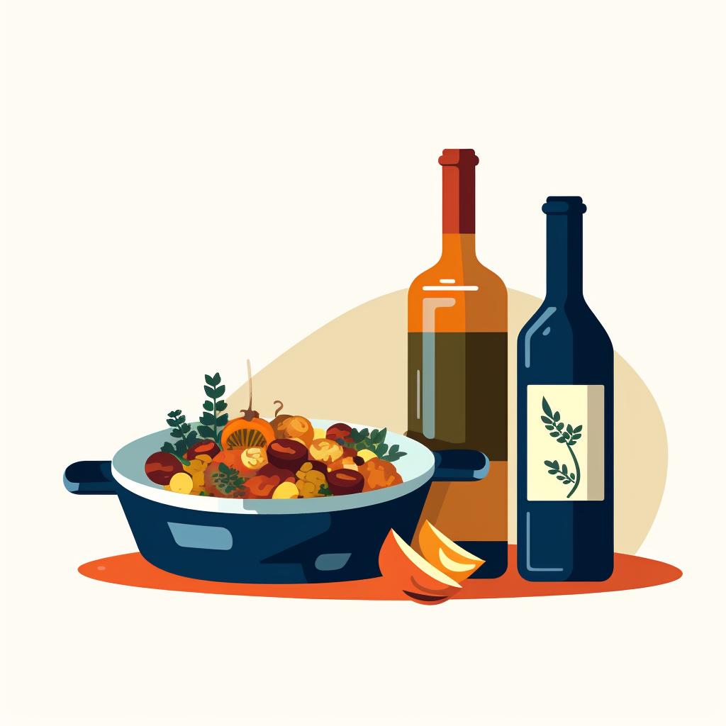 A pot of food simmering on the stove with a bottle of sherry next to it